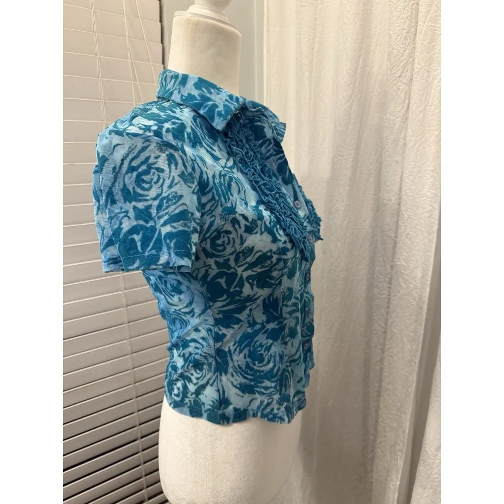 Vtg 90s Y2K Rampage Sheer Velvet Burnout Top Sz M Aqua Floral Ruffle Collar Mesh - Picture 12 of 14